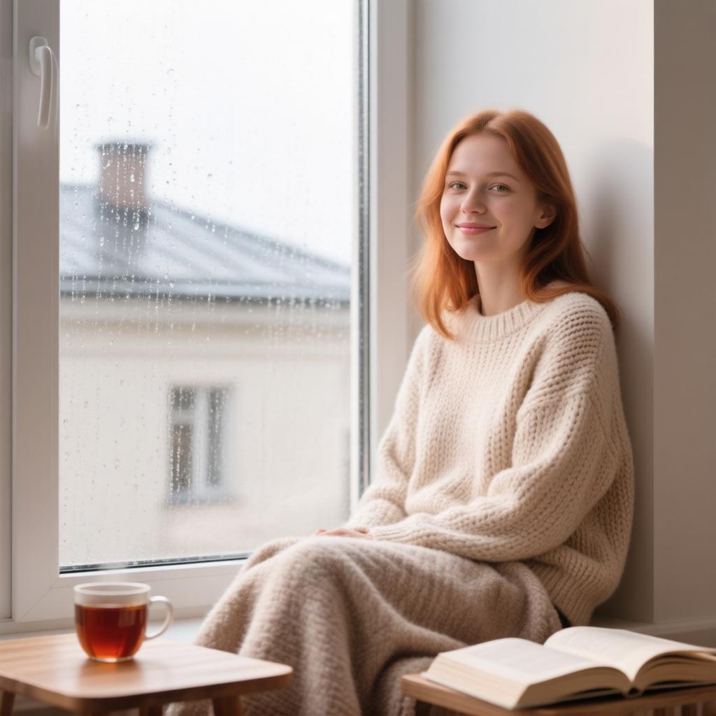 Девушка в уютном свитере сидит у окна с чашкой чая и книгой
